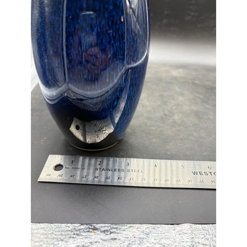 Blue Black Drip Glaze Ceramic Vase Ribbed Art Pottery Home Decor 7 Inch